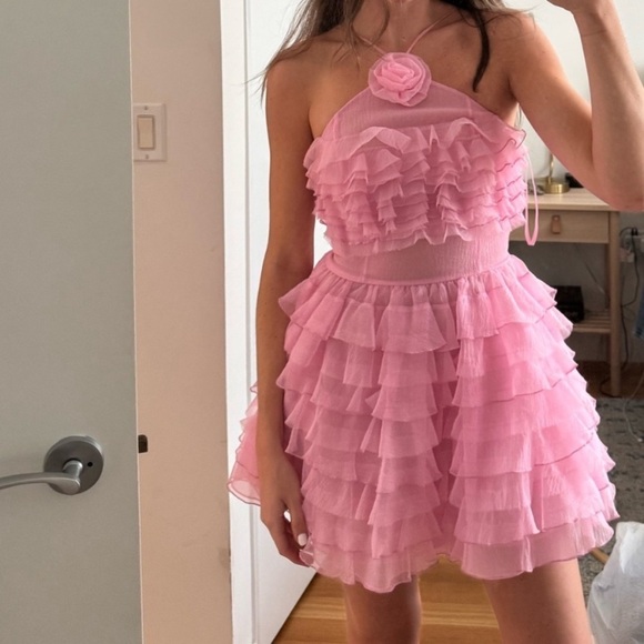 STAUD Dresses & Skirts - NWT Staud Florian Appliqué Flower Ruffle Halter Organza Mini Dress Tulip Pink